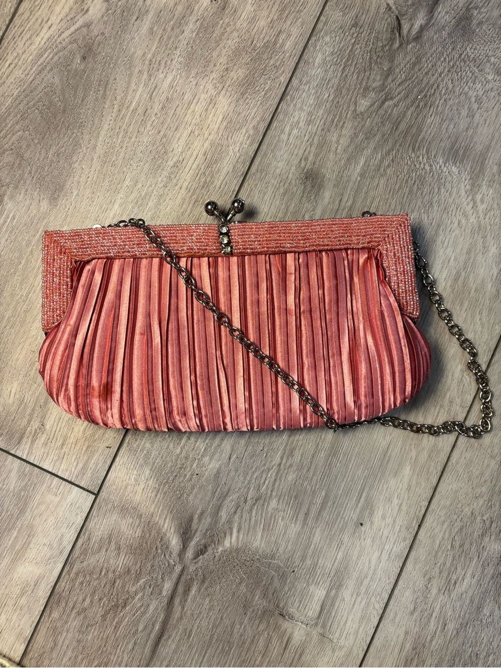 Stylish Pink Beaded Pleated Satin Evening Clutch